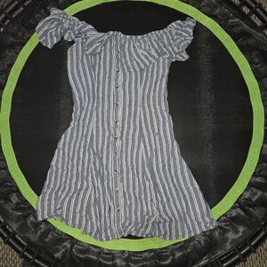 American Eagle Outfitters Blue and White Striped Mini Dress Off Shoulders